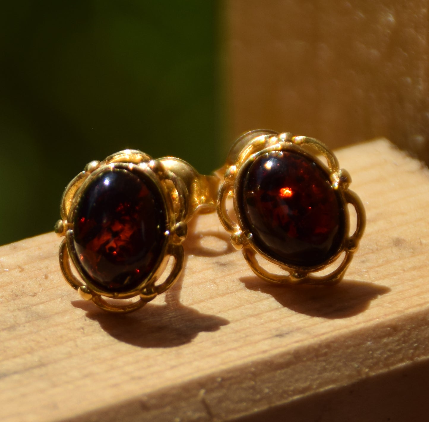 MJ Baltica, earrings, natural Baltic Amber, 925 Silver, 14k Gold plated, cherry amber, luminous, handcrafted, BZK116