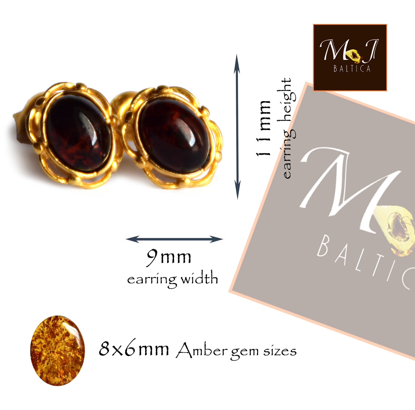 MJ Baltica, earrings, natural Baltic Amber, 925 Silver, 14k Gold plated, cherry amber, luminous, handcrafted, BZK116