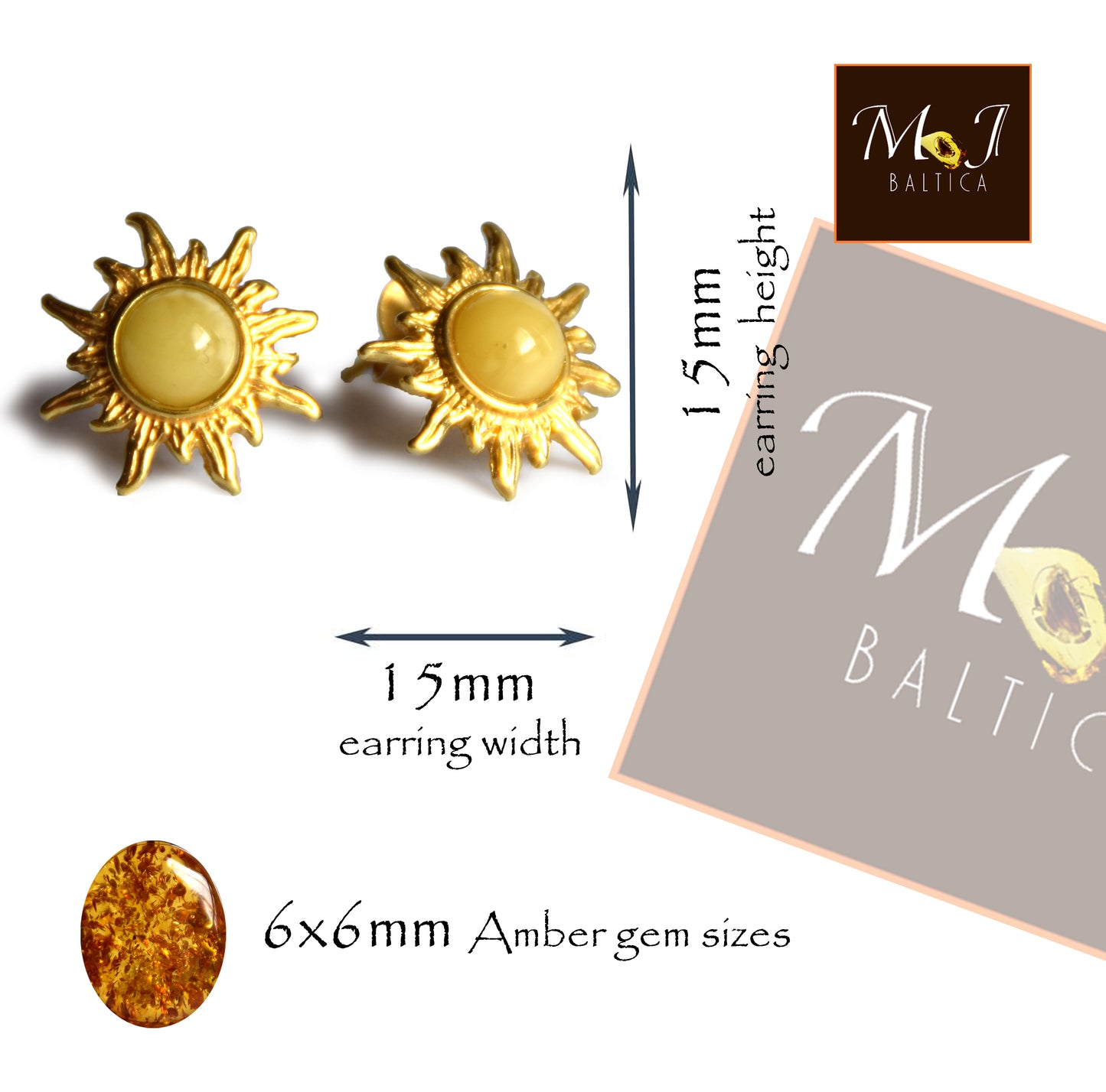 Orecchini a forma di sole con Ambra naturale imperiale e Argento 925 placcato in Oro 18k, MJ Baltica, BZK117