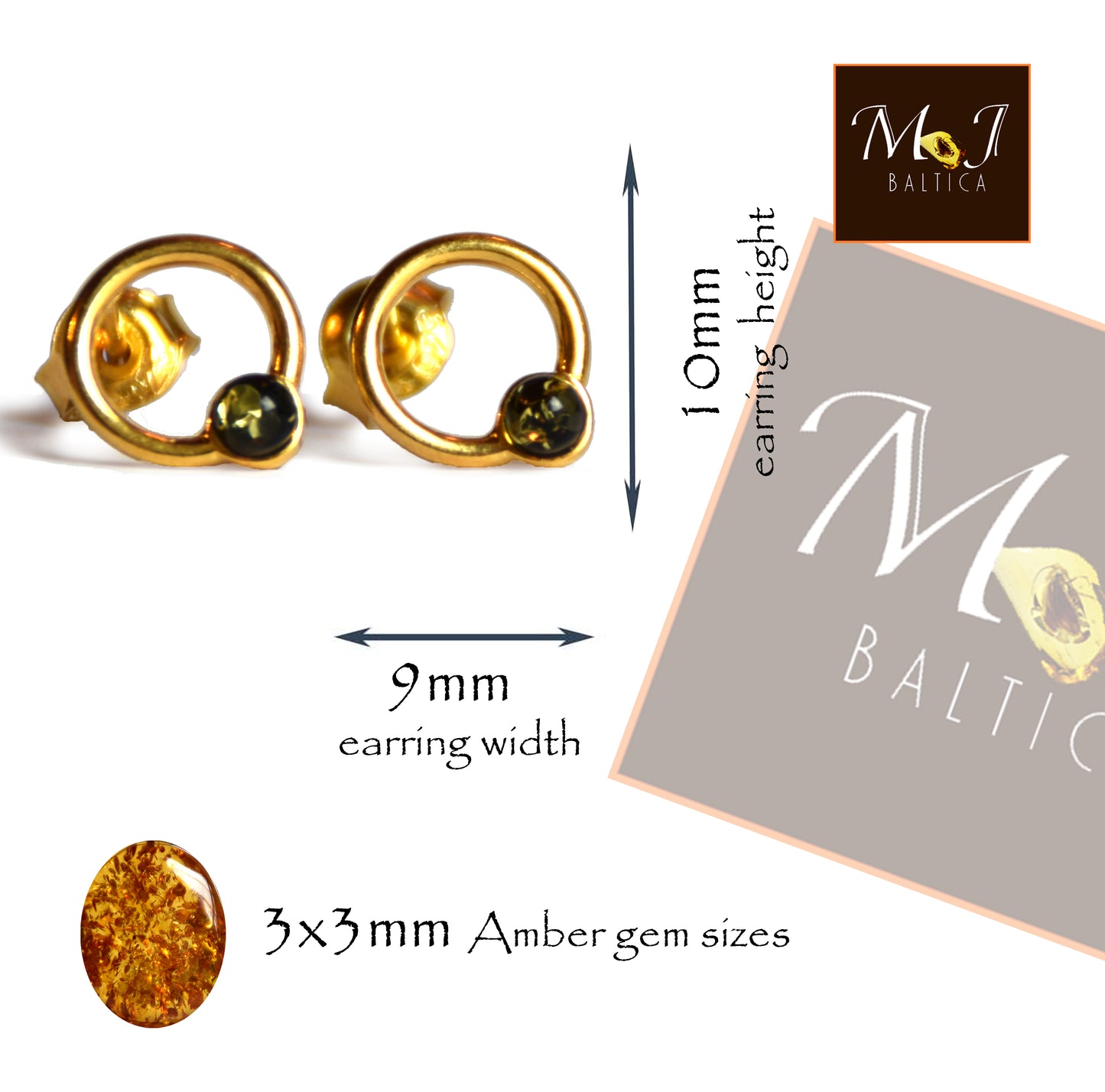 MJ Baltica, earrings, natural Baltic Amber, 925 Silver, 14k Gold plated, elegant, green amber, BZK118