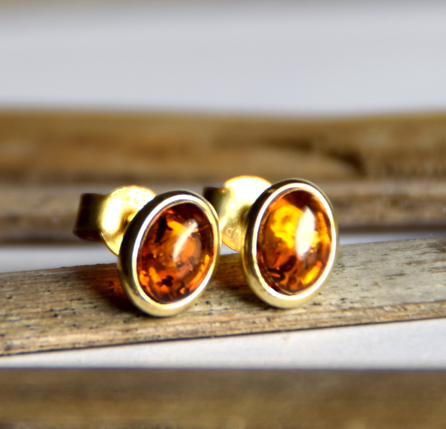 MJ Baltica, earrings, natural Baltic Amber, 925 Silver, 14k Gold plated, cognac, luminous, handcrafted, BZK121