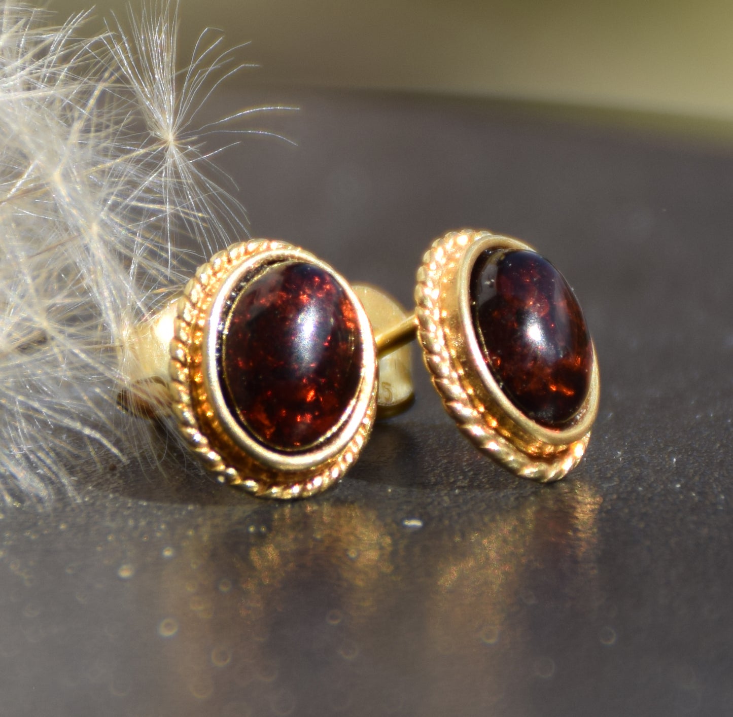 MJ Baltica, earrings, natural Baltic Amber, 925 Silver, 14k Gold plated, cherry amber, luminous, handcrafted, BZK122