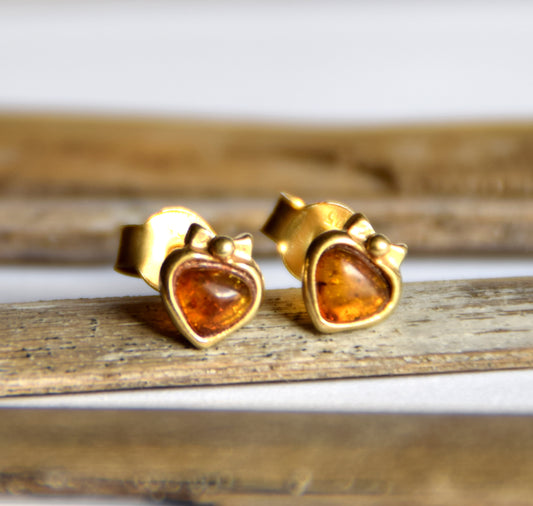 MJ Baltica, earrings, natural Baltic Amber, 925 Silver, 14k Gold plated, cognac, luminous, handcrafted, BZK124