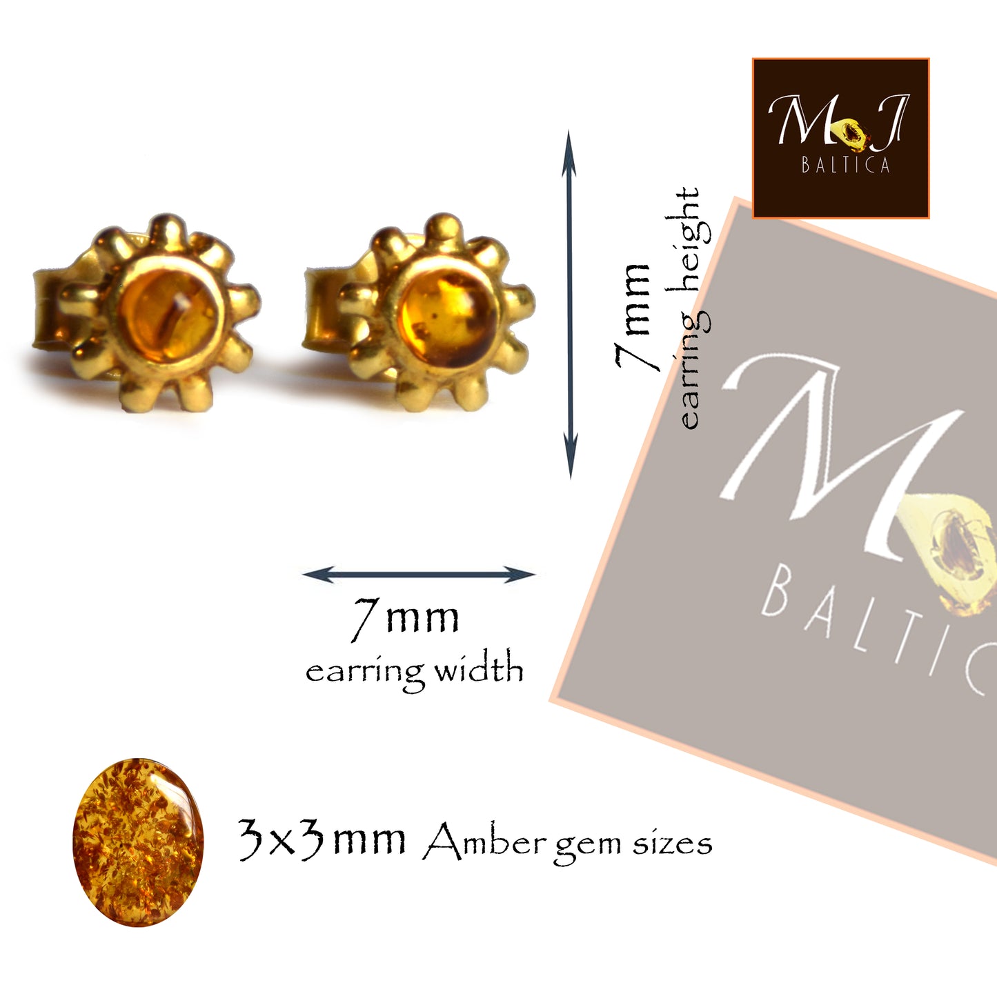 MJ Baltica, orecchini, Ambra naturale Baltica, Argento 925, placcato in Oro 14k, cognac, luminoso, artigianale, BZK125