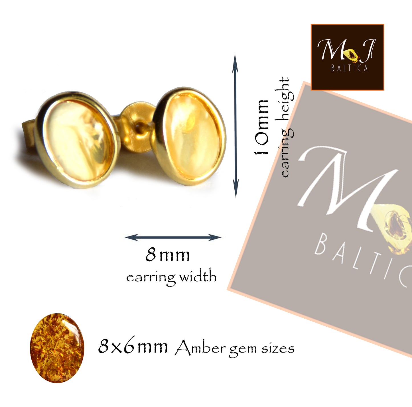 MJ Baltica, earrings, natural Baltic Amber, 925 Silver, 14k Gold plated, oval, imperial amber, luminous, handcrafted, BZK126