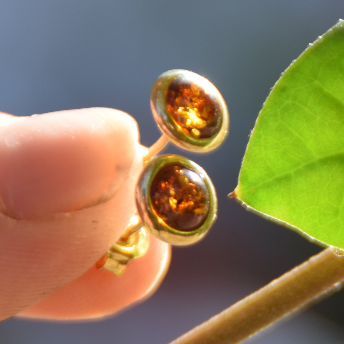 Round earrings with natural cognac Amber and 18k Gold plated 925 Sterling Silver, MJ Baltica, BZK128
