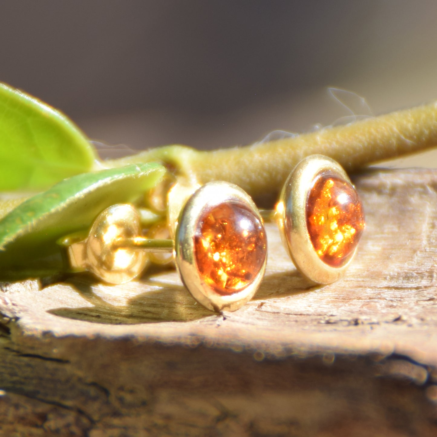 Round earrings with natural cognac Amber and 18k Gold plated 925 Sterling Silver, MJ Baltica, BZK128