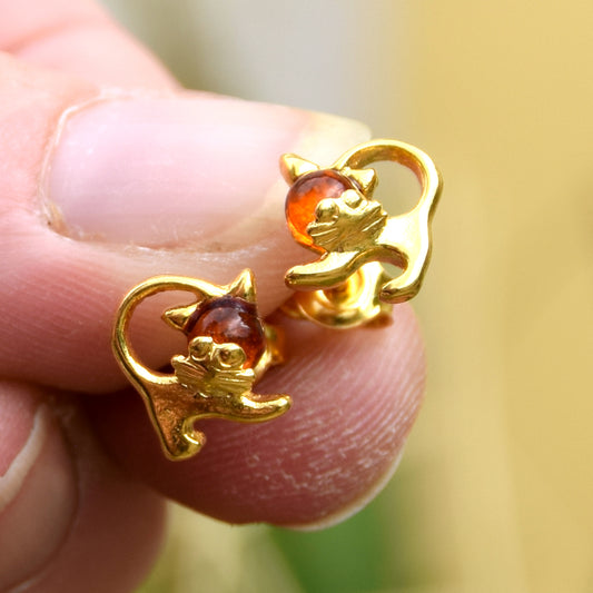 MJ Baltica, orecchini, Ambra naturale Baltica, Argento 925, placcato in Oro 18k, cognac, luminoso, artigianale, gatto, BZK131