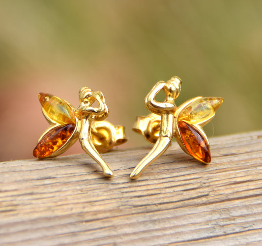 MJ Baltica, orecchini, Ambra naturale Baltica, Argento 925, placcato in Oro 18k, cognac, luminoso, artigianale, fata, BZK132