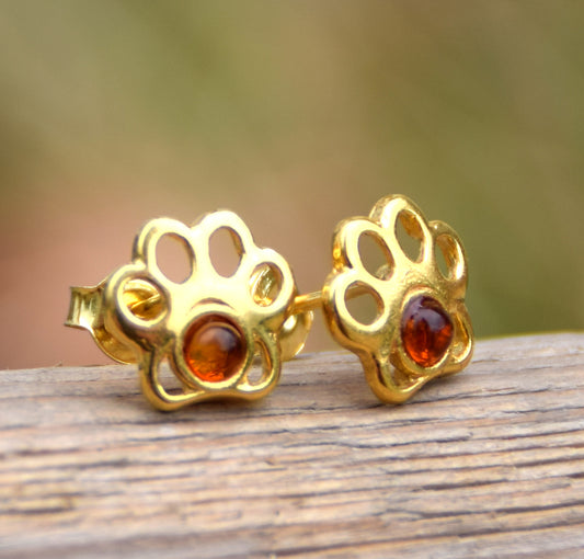MJ Baltica, orecchini, Ambra naturale Baltica, Argento 925, placcato in Oro 18k, cognac, artigianale, gatto, zampina, BZK133