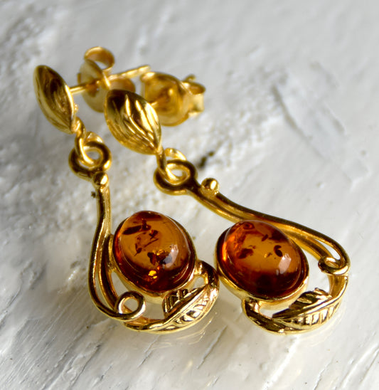 MJ Baltica, orecchini, Ambra naturale Baltica, Argento 925, placcato in Oro 18k, vintage, dolce, artigianale, BZK139
