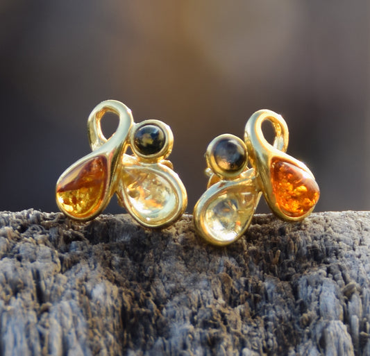 MJ Baltica, orecchini, Ambra naturale Baltica, Argento 925, placcato Oro 18k, multicolore, luminoso, fiore, BZK143