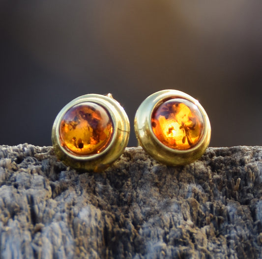 MJ Baltica, orecchini, Ambra naturale Baltica, Argento 925, placcato in Oro 18k, cognac, luminoso, artigianale, BZK145
