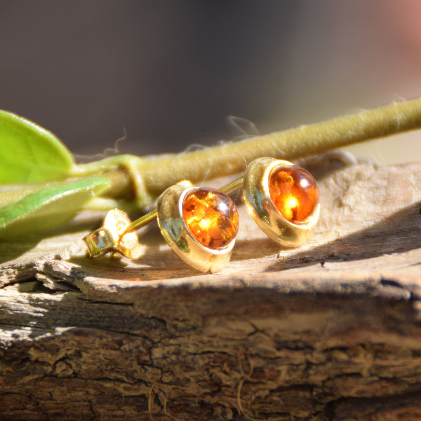 Simple earrings with natural cognac Amber and 18k Gold plated 925 Sterling Silver, MJ Baltica, BZK145