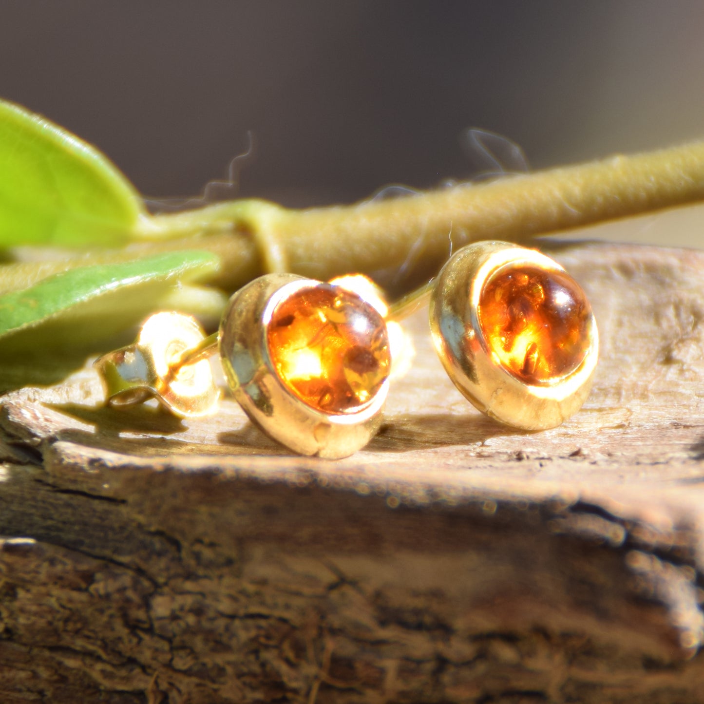 Simple earrings with natural cognac Amber and 18k Gold plated 925 Sterling Silver, MJ Baltica, BZK145