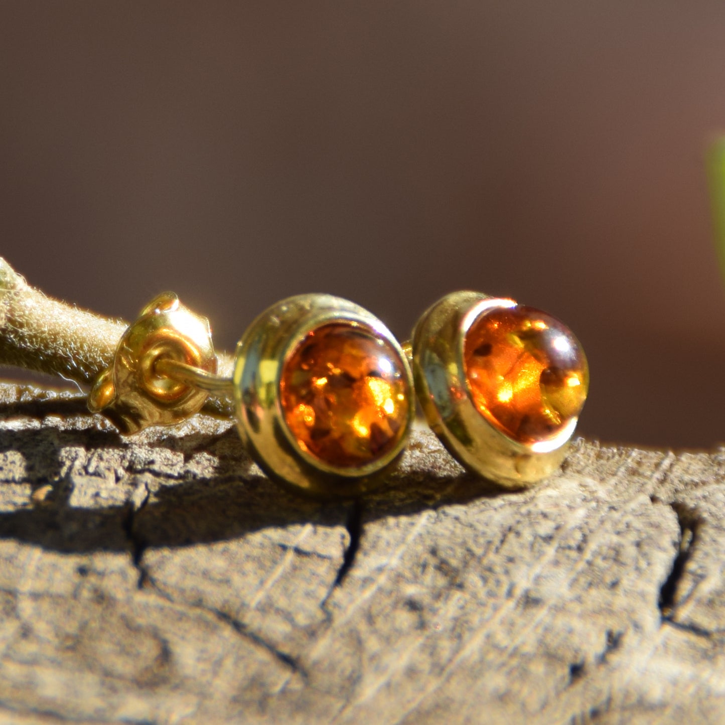 Simple earrings with natural cognac Amber and 18k Gold plated 925 Sterling Silver, MJ Baltica, BZK145