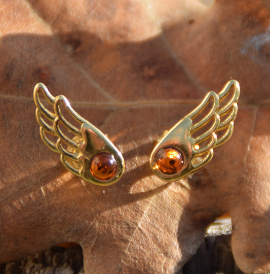 MJ Baltica, orecchini, Ambra naturale Baltica, Argento 925, placcato in Oro 18k, ali, boccino, cognac, artigianale, BZK146