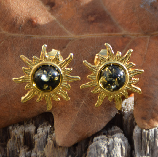 MJ Baltica, orecchini, Ambra naturale Baltica, Argento 925, placcato in Oro 18k, sole, a lobo, ambra verde, BZK149