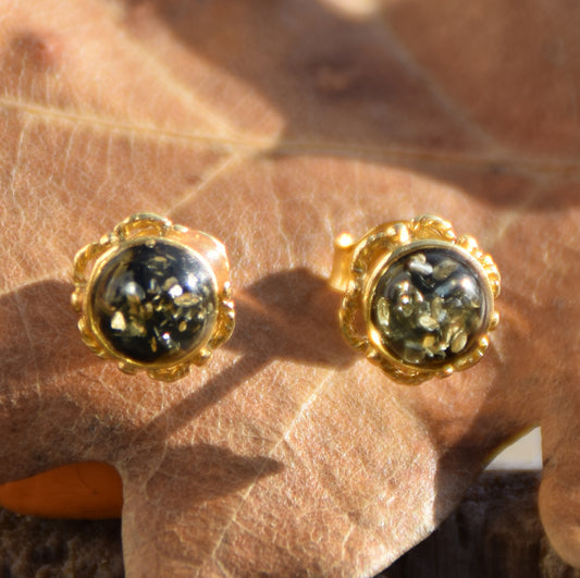 MJ Baltica, orecchini, Ambra naturale Baltica, Argento 925, placcato in Oro 18k, a lobo, ambra verde, BZK150
