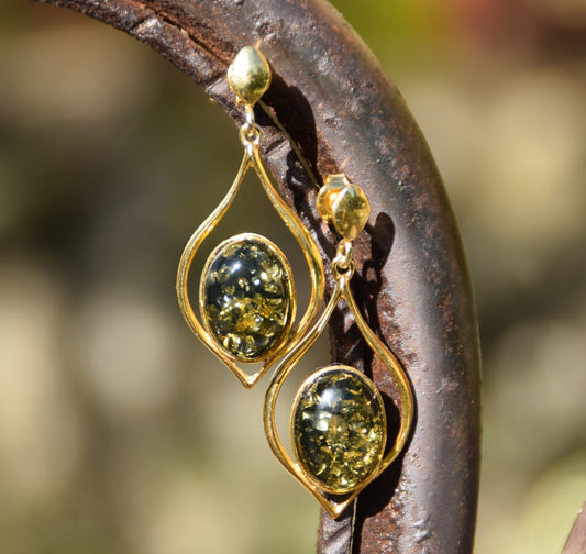MJ Baltica, orecchini, Ambra naturale Baltica, Argento 925, placcato in Oro 18k, pendente, ambra verde, BZK151