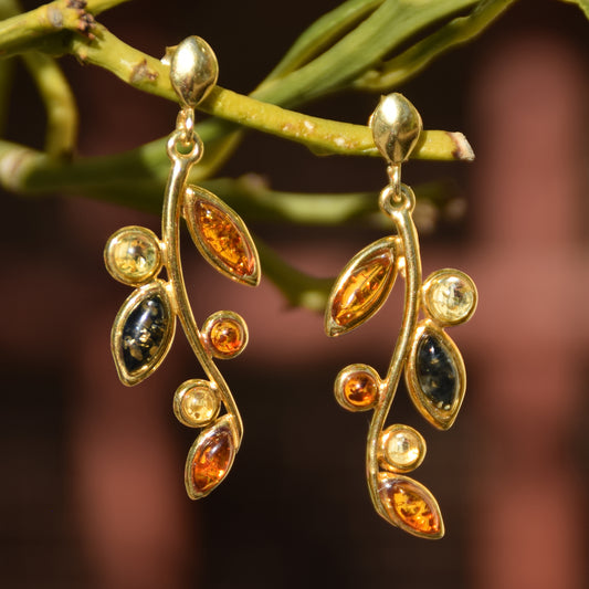 MJ Baltica, orecchini, Ambra naturale Baltica, Argento 925, placcato Oro 18k, multicolore, ramoscelli, BZK158