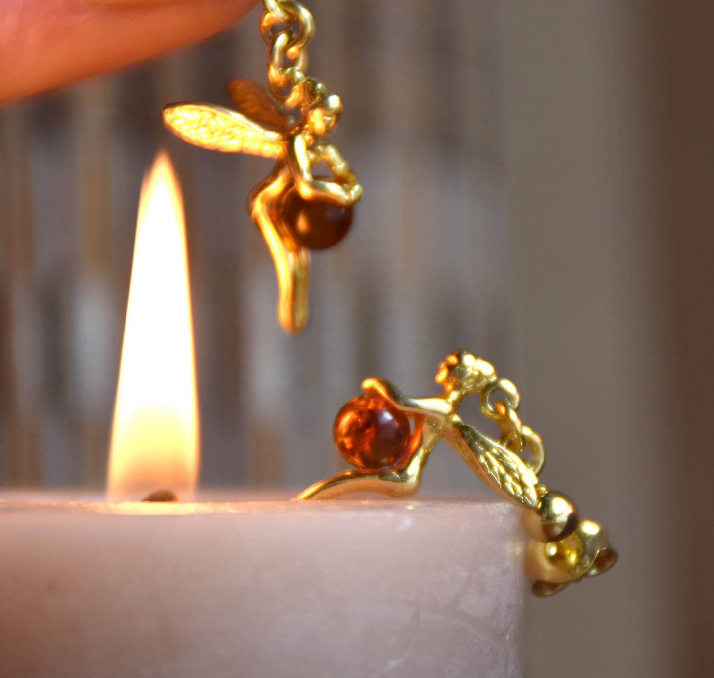 Bright earrings with fairies in natural cognac-colored amber and 18k gold-plated 925 sterling silver, MJ Baltica, BZK168