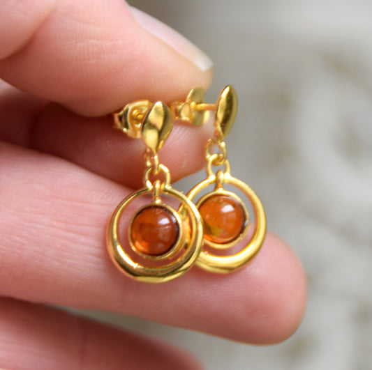 Earrings with round cognac-colored natural Amber gemstone and 18k Gold plated 925 Silver, MJ Baltica, BZK172