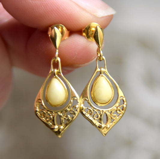 Oriental style earrings with natural imperial amber filigree and 18k gold-plated 925 Sterling Silver, MJ Baltica, BZK177