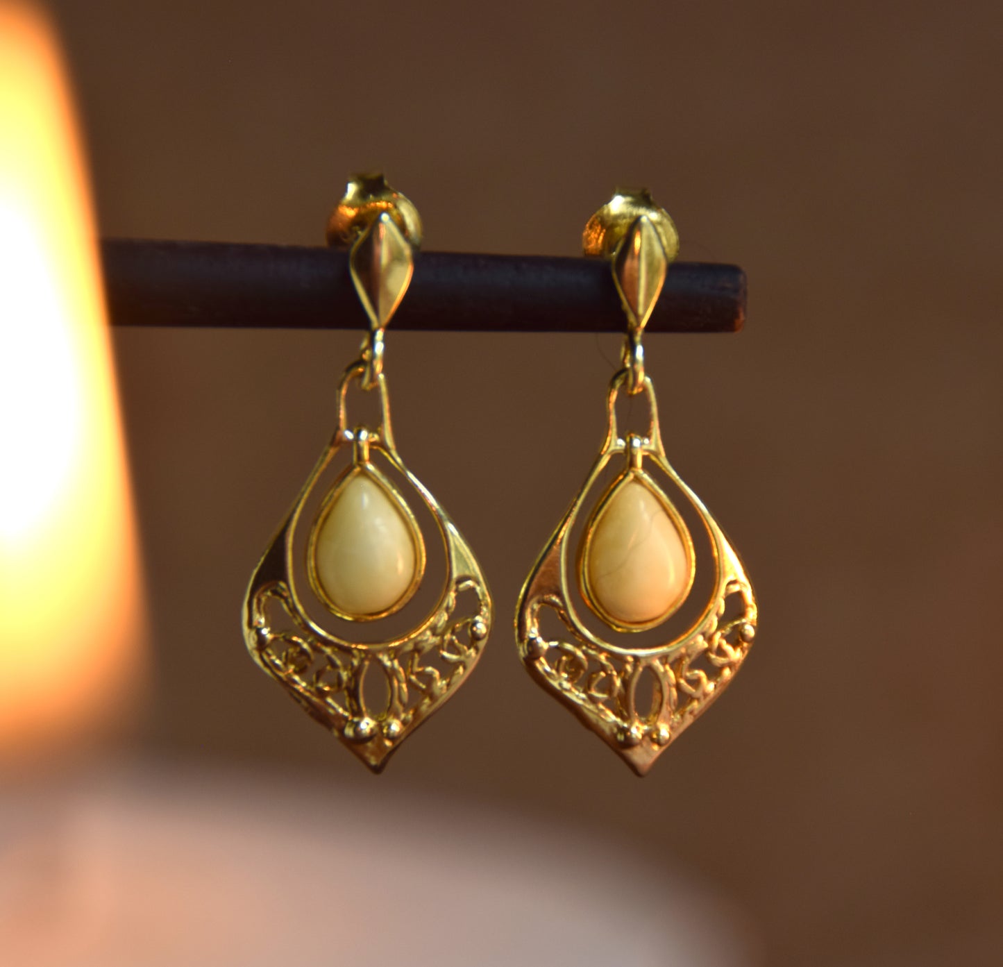 Oriental style earrings with natural imperial amber filigree and 18k gold-plated 925 Sterling Silver, MJ Baltica, BZK177