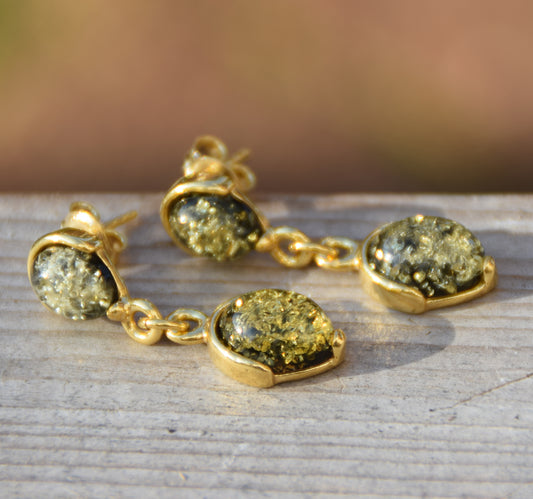 Elegant earrings in natural green Amber and 18k gold-plated 925 Sterling Silver, MJ Baltica, BZK179