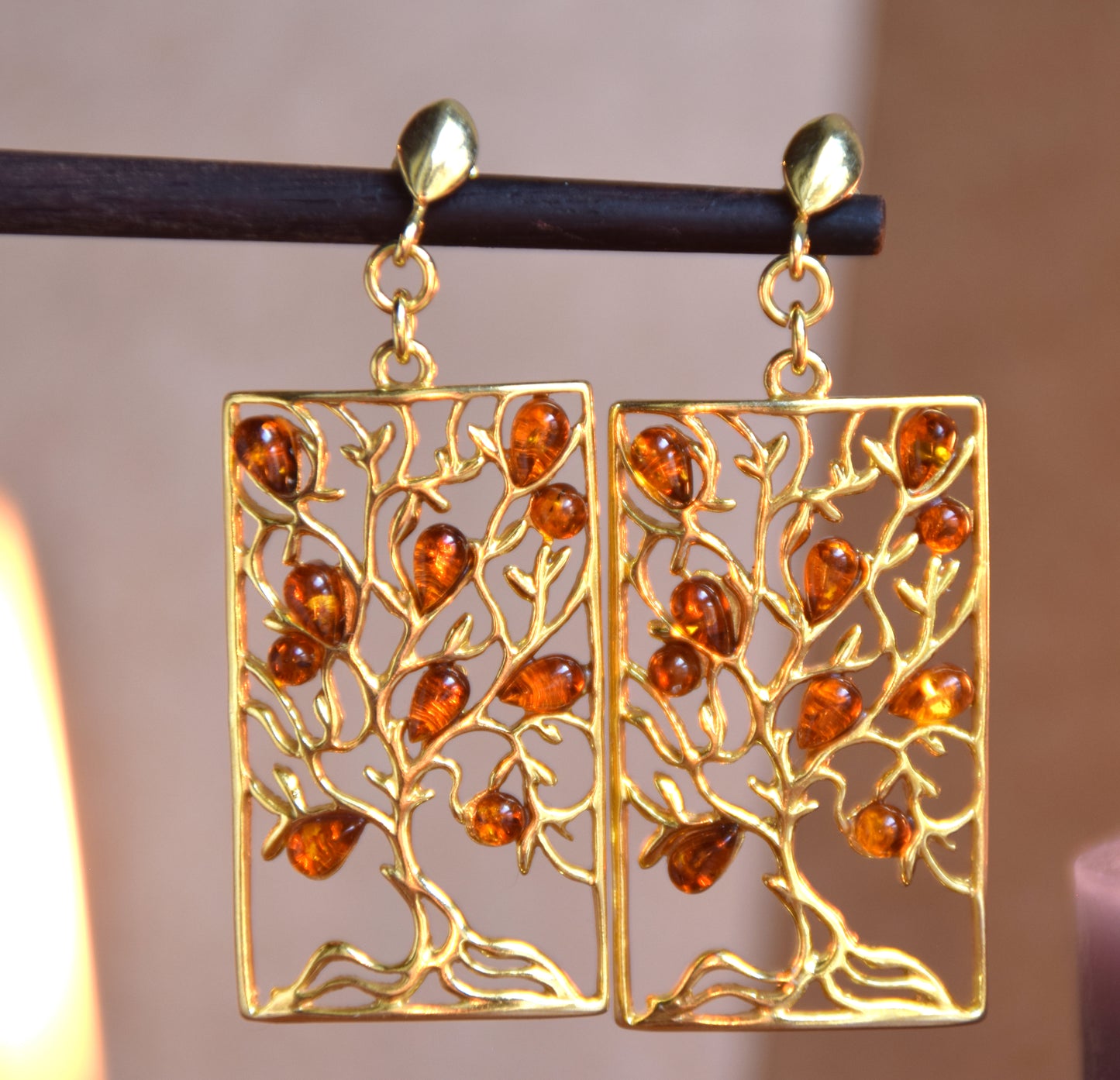 Elegant earrings with tree of life in natural cognac amber and 18k gold-plated 925 sterling silver, MJ Baltica, BZK181