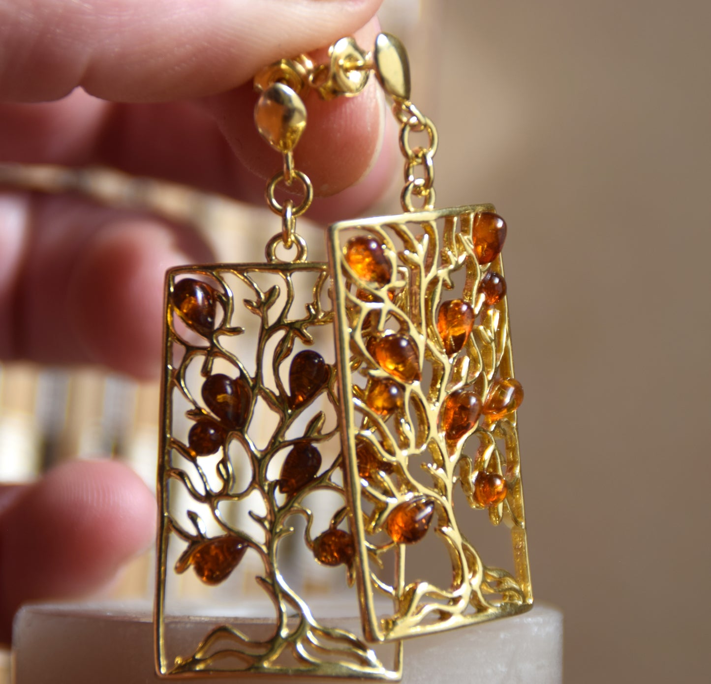 Elegant earrings with tree of life in natural cognac amber and 18k gold-plated 925 sterling silver, MJ Baltica, BZK181