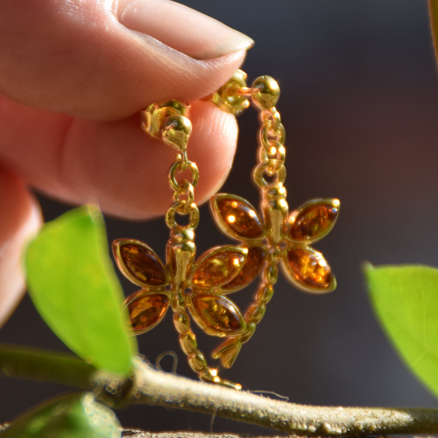 Orecchini con libellula simbolo di libertà in Ambra naturale color cognac e Argento 925 placcato in Oro 18k, MJ Baltica, BZK184