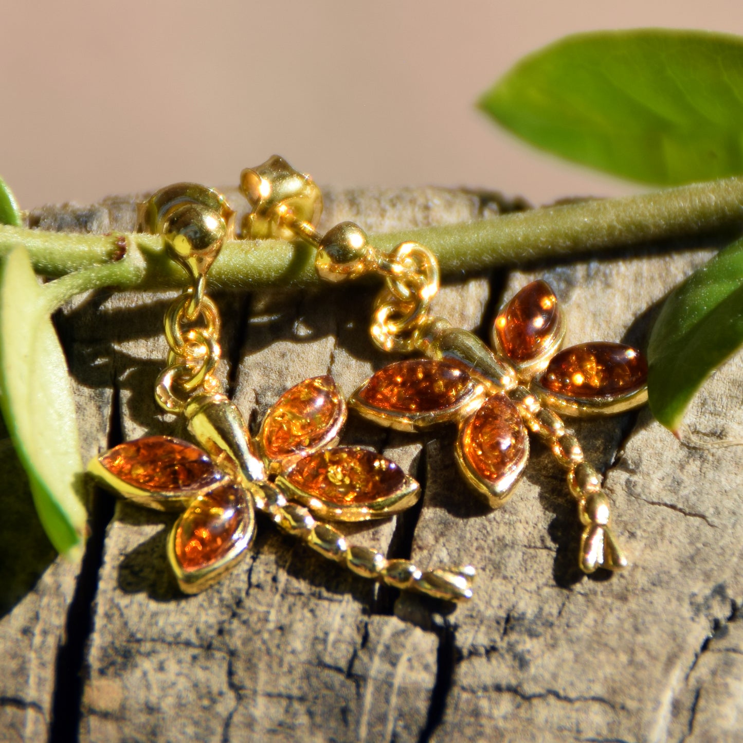 Orecchini con libellula simbolo di libertà in Ambra naturale color cognac e Argento 925 placcato in Oro 18k, MJ Baltica, BZK184