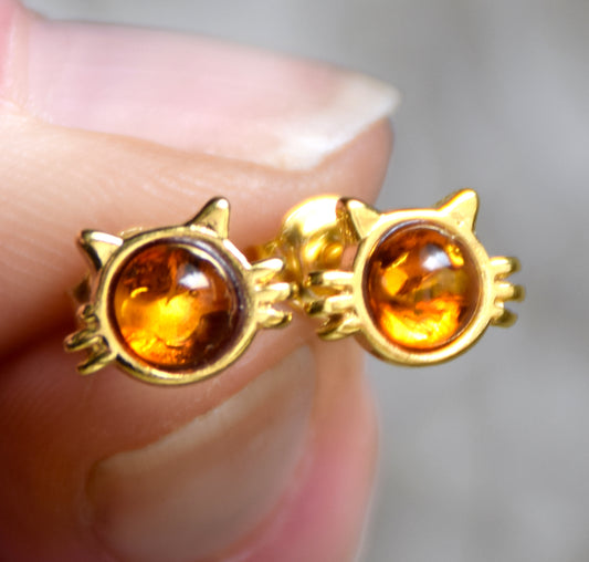 Kitten earrings with natural cognac Amber and 18k Gold plated 925 Sterling Silver, MJ Baltica, BZK186