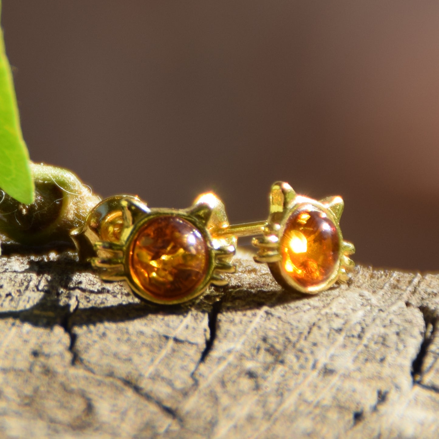 Kitten earrings with natural cognac Amber and 18k Gold plated 925 Sterling Silver, MJ Baltica, BZK186