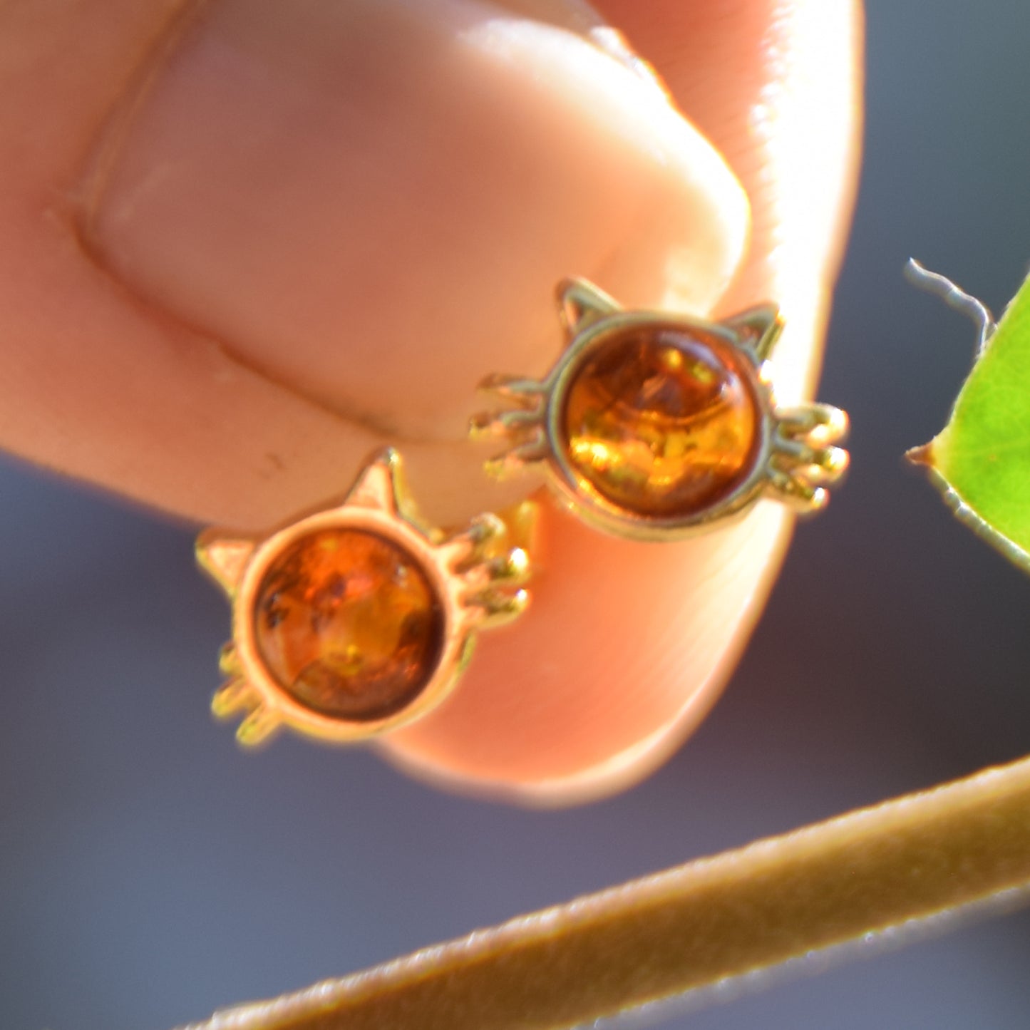 Kitten earrings with natural cognac Amber and 18k Gold plated 925 Sterling Silver, MJ Baltica, BZK186
