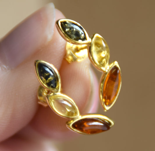 Elegant floral earrings with natural amber of various shades and 18k gold-plated 925 Sterling Silver, MJ Baltica, BZK193