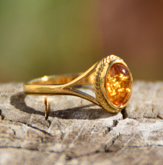 MJ Baltica, Anello, Ambra naturale Baltica, Argento, placcato in Oro 18k, vintage, BZP002