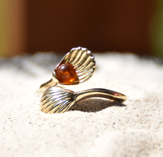 MJ Baltica, anello, Ambra naturale Baltica, Argento 925, placcato in Oro 18k, misura regolabile, conchiglie, BZP010