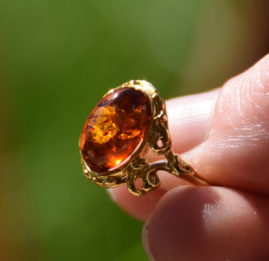 MJ Baltica, anello, Ambra naturale Baltica, Argento 925, placcato in Oro 18k, vintage, classico, ovale, BZP014