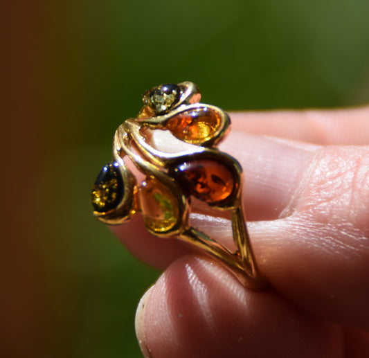 MJ Baltica, anello, Ambra naturale Baltica, Argento 925, Placcato in Oro 18k, ventaglio, multi colore, BZP015