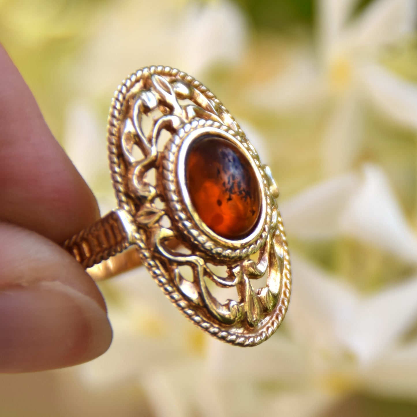 Tall Victorian-style ring made with cognac-colored natural amber and 18k gold-plated silver, MJ Baltica, BZP024