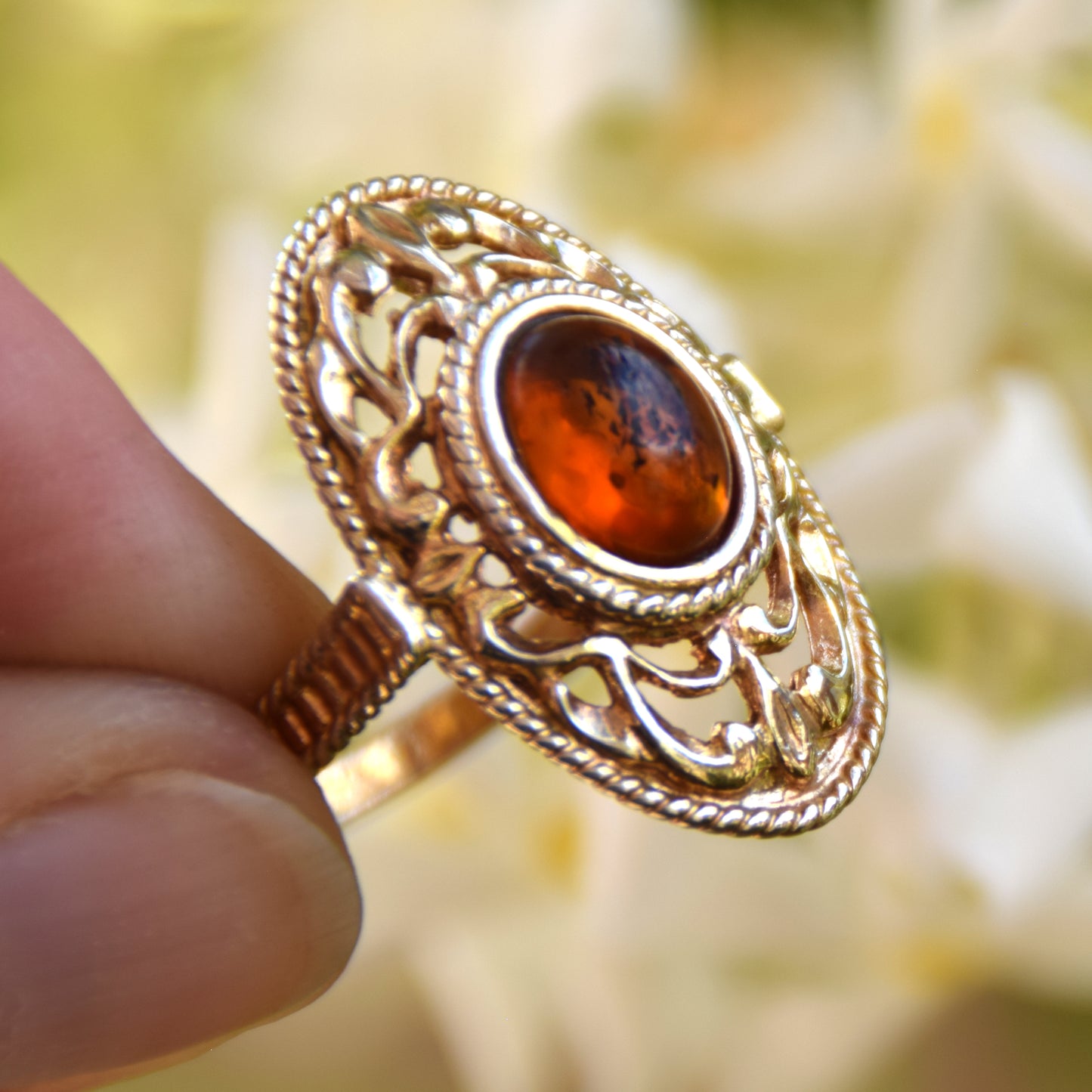 Tall Victorian-style ring made with cognac-colored natural amber and 18k gold-plated silver, MJ Baltica, BZP024