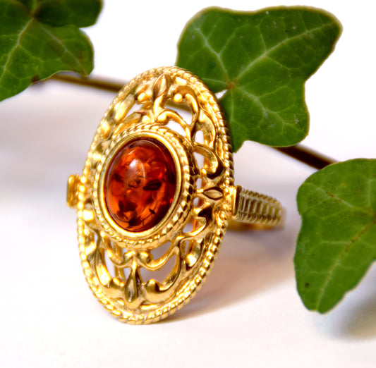 MJ Baltica, ring, natural Baltic Amber, 925 Silver, 14k Gold plated, filigree, elegant, vintage, BZP024