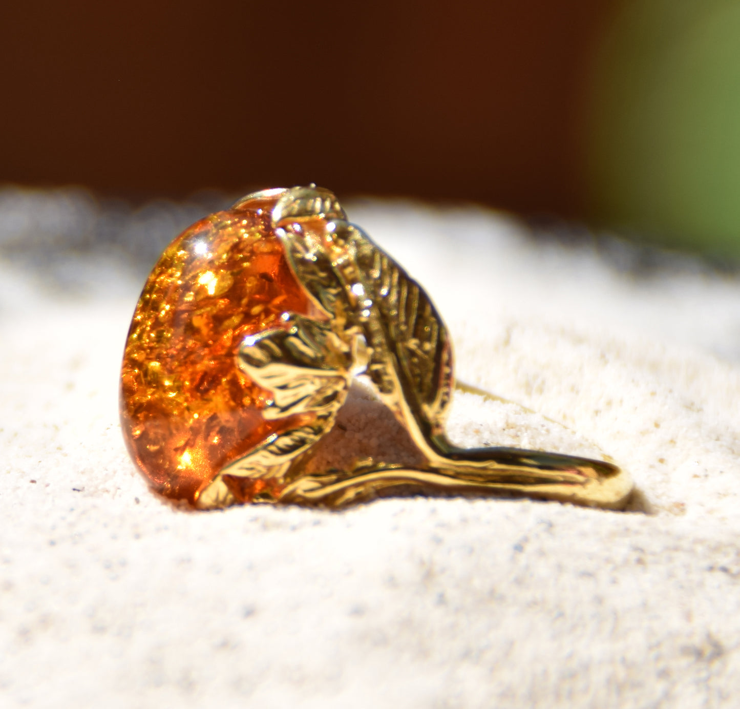 MJ Baltica, anello, Ambra Naturale Baltica, Argento 925, placcato in Oro 14k, vintage, foglie, artigianale, BZP025