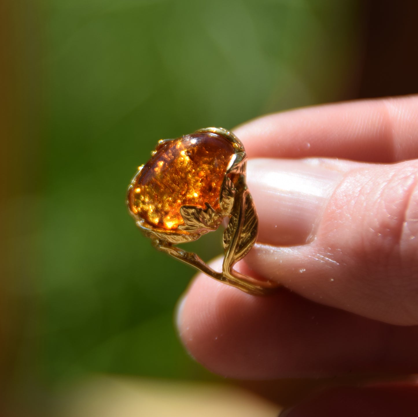 MJ Baltica, anello, Ambra Naturale Baltica, Argento 925, placcato in Oro 14k, vintage, foglie, artigianale, BZP025