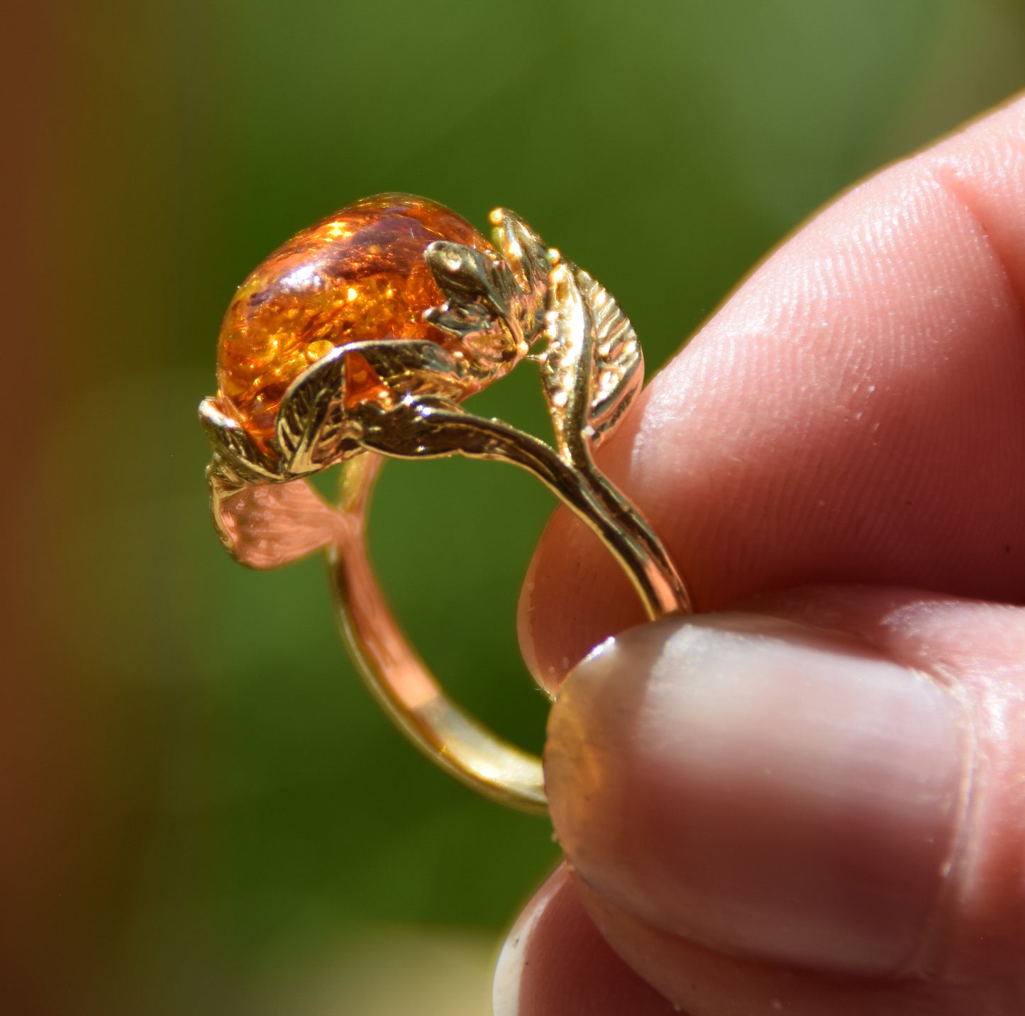 MJ Baltica, anello, Ambra Naturale Baltica, Argento 925, placcato in Oro 14k, vintage, foglie, artigianale, BZP025