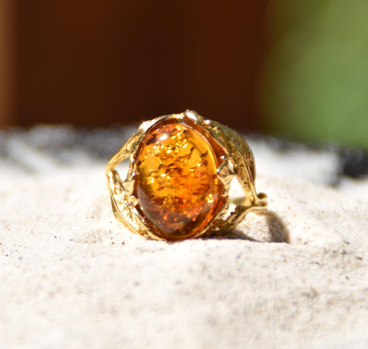 MJ Baltica, anello, Ambra Naturale Baltica, Argento 925, placcato in Oro 14k, vintage, foglie, artigianale, BZP025