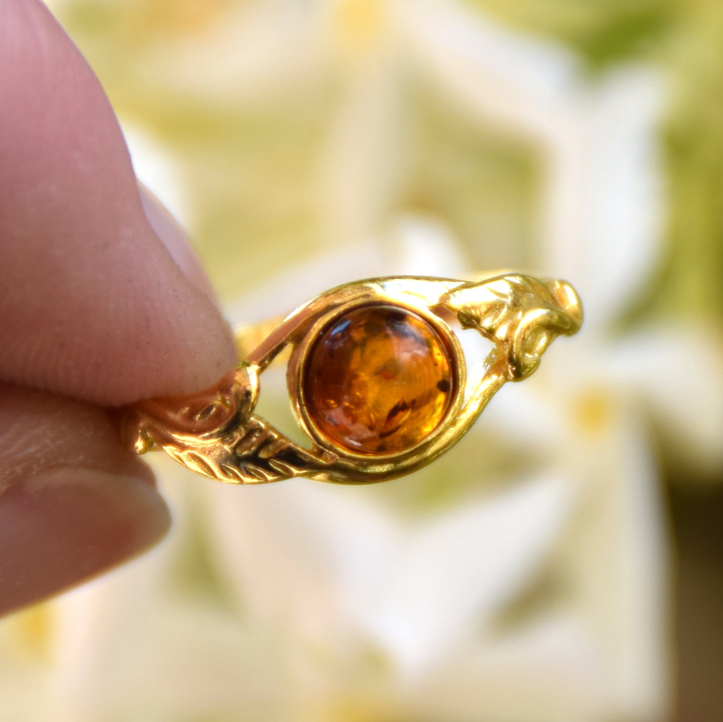 Delicate vintage-style band ring featuring natural Cognac Amber and 18k Gold Plated Silver, MJ Baltica, BZP026